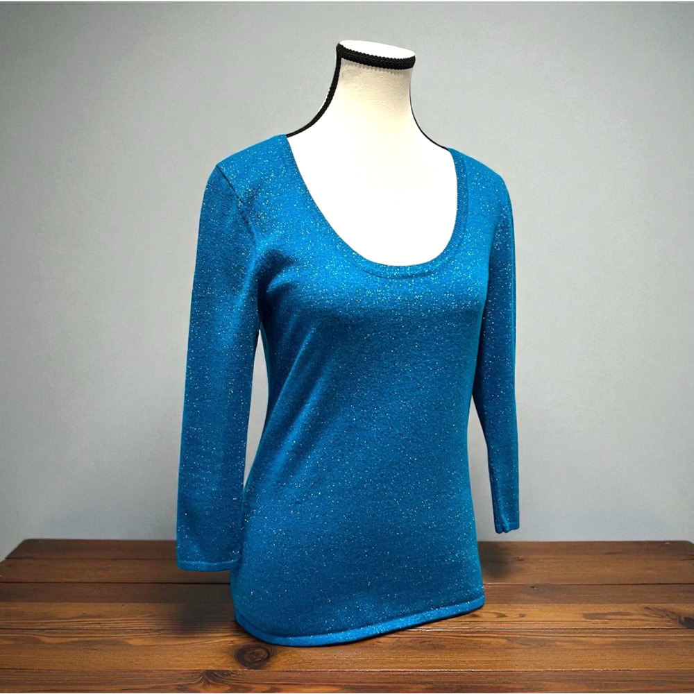 Vtg Cache Y2K Scoop Neck Women’s Med Blouse Blue Metallic Shimmer Holiday Top